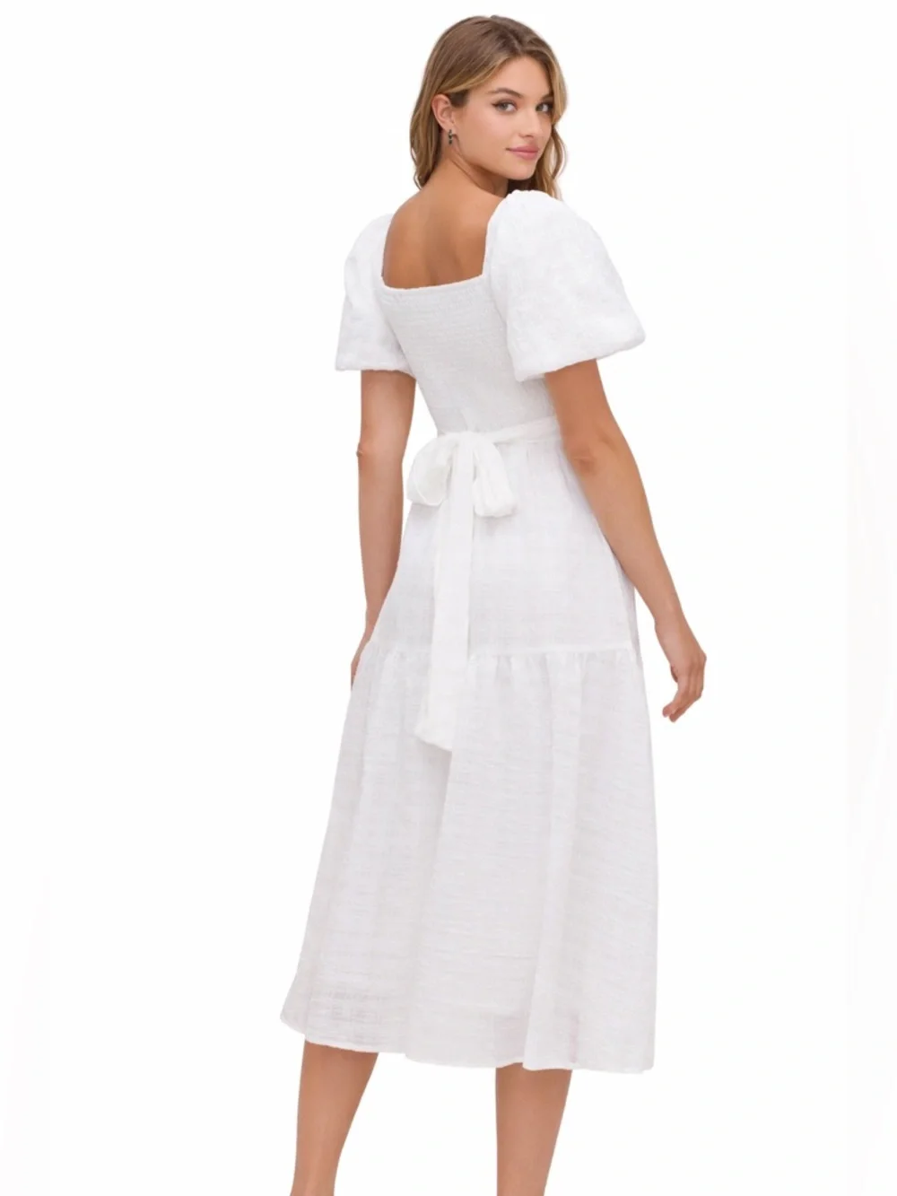 ASTR The Label White Puff Sleeve Midi Romantic Tiered Summer Dress, Square Neck - Picture 2 of 16